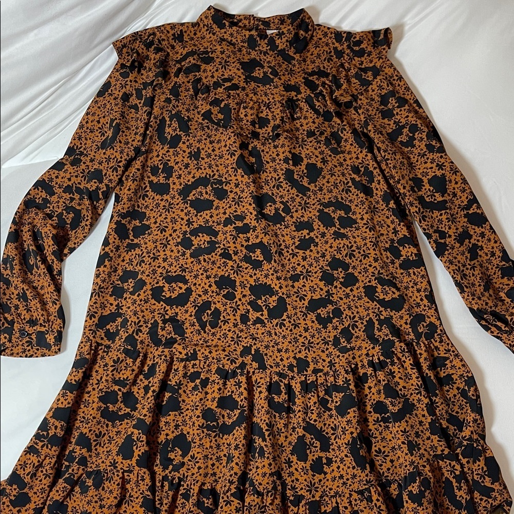 Topshop Black and Rust Floral High-Neck Tiered Long-Sleeve Dress